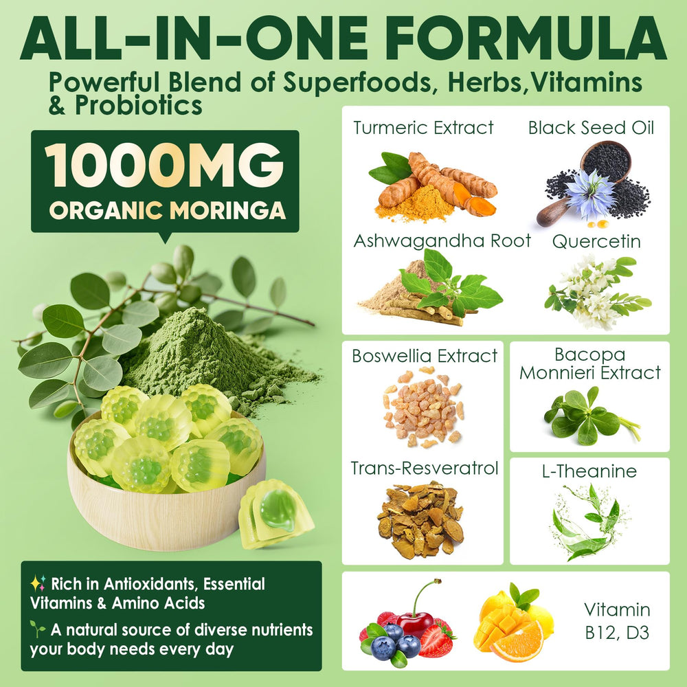 Front label of the bottle highlighting 1000mg Moringa