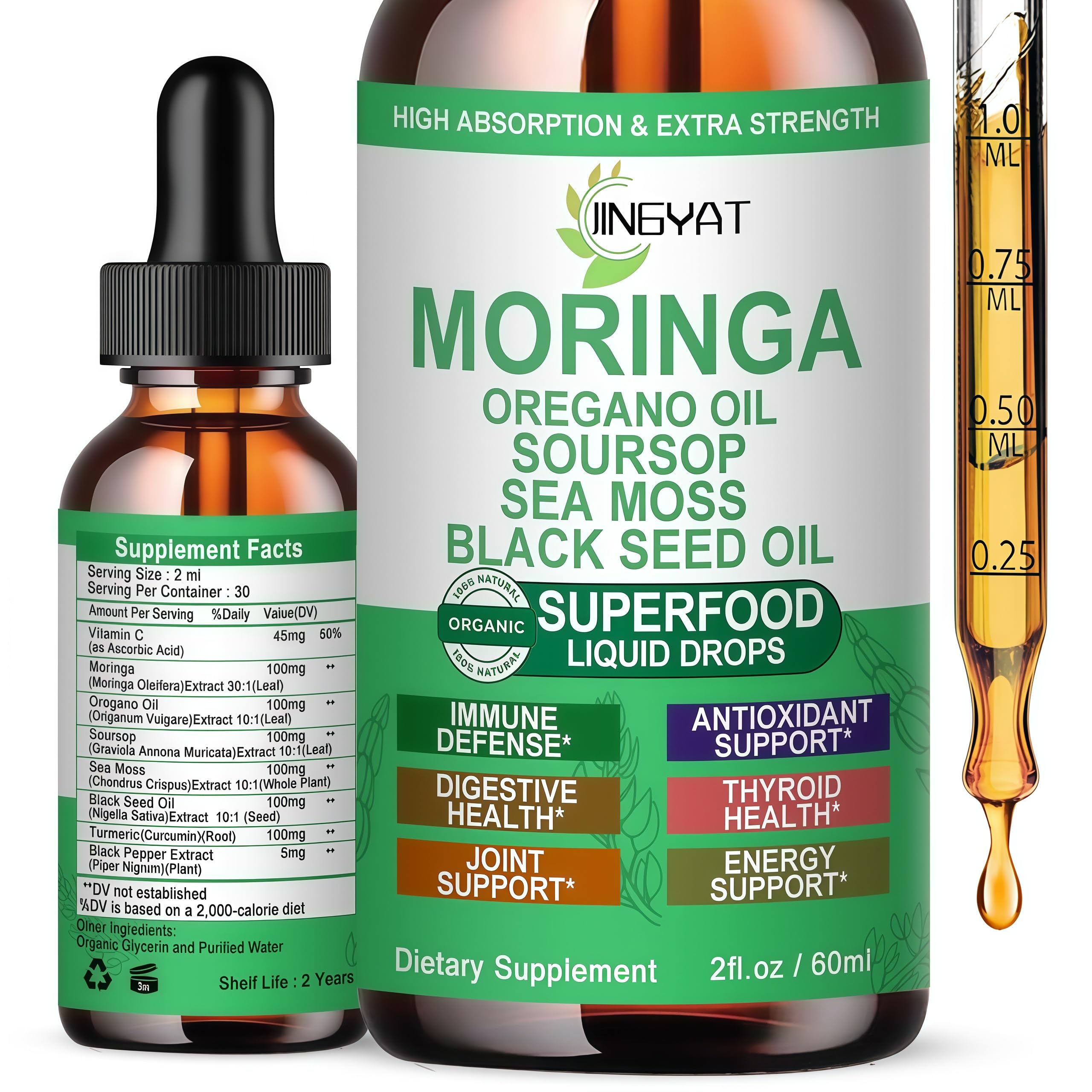 Bottle of Moringa Liquid Drops with Moringa leaves and Soursop imagery