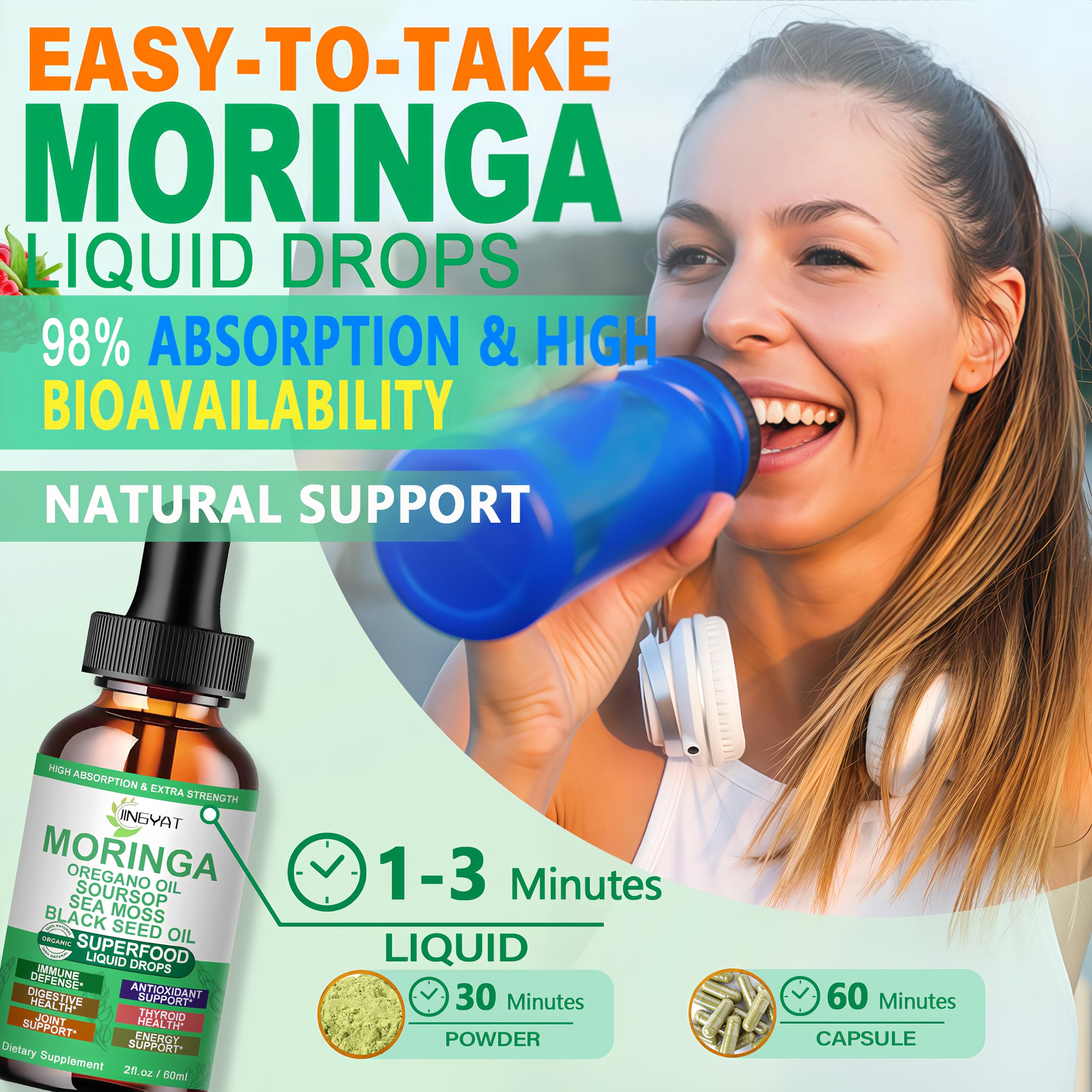 Close-up of Moringa leaves and bottle label