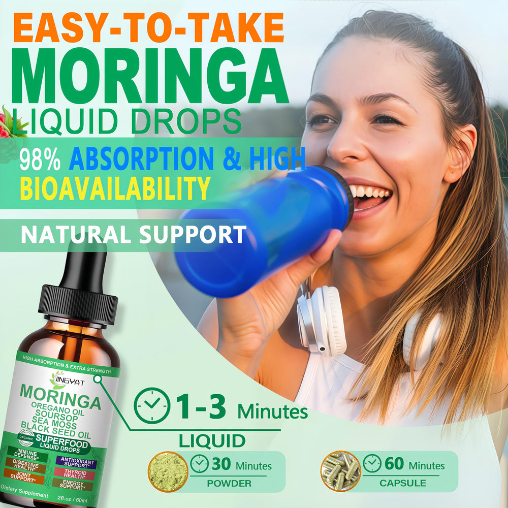 Close-up of Moringa leaves and bottle label