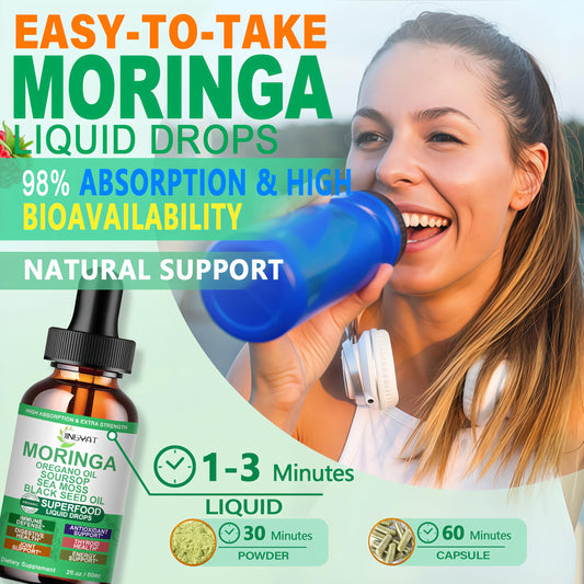 Close-up of Moringa leaves and bottle label