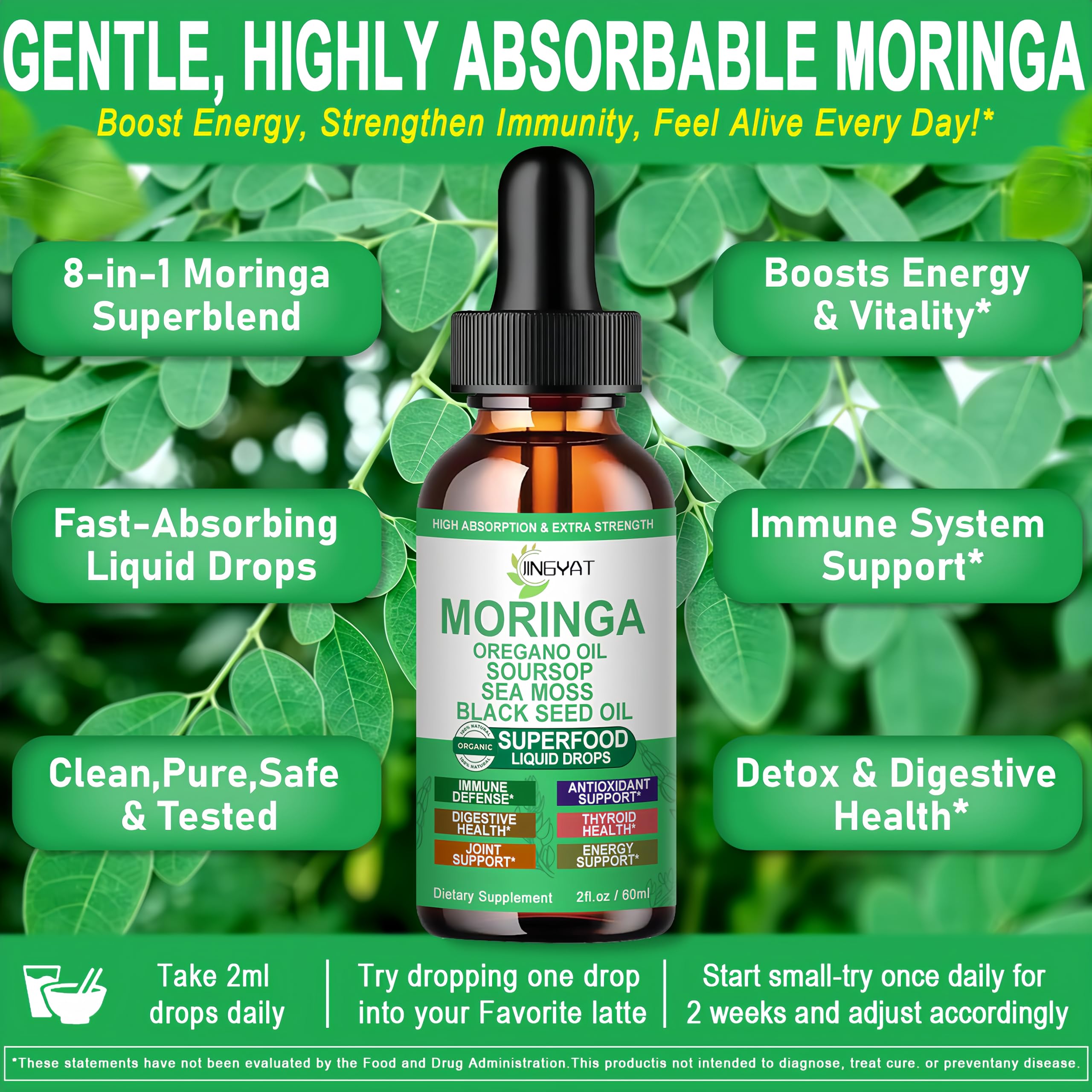 Ingredients display for Moringa Liquid Drops: Moringa, Soursop, Sea Moss, Black Seed Oil, Oregano Oil