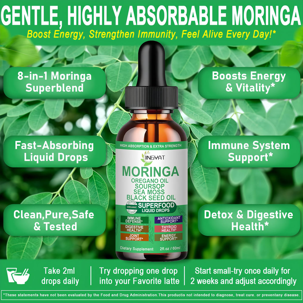 Ingredients display for Moringa Liquid Drops: Moringa, Soursop, Sea Moss, Black Seed Oil, Oregano Oil