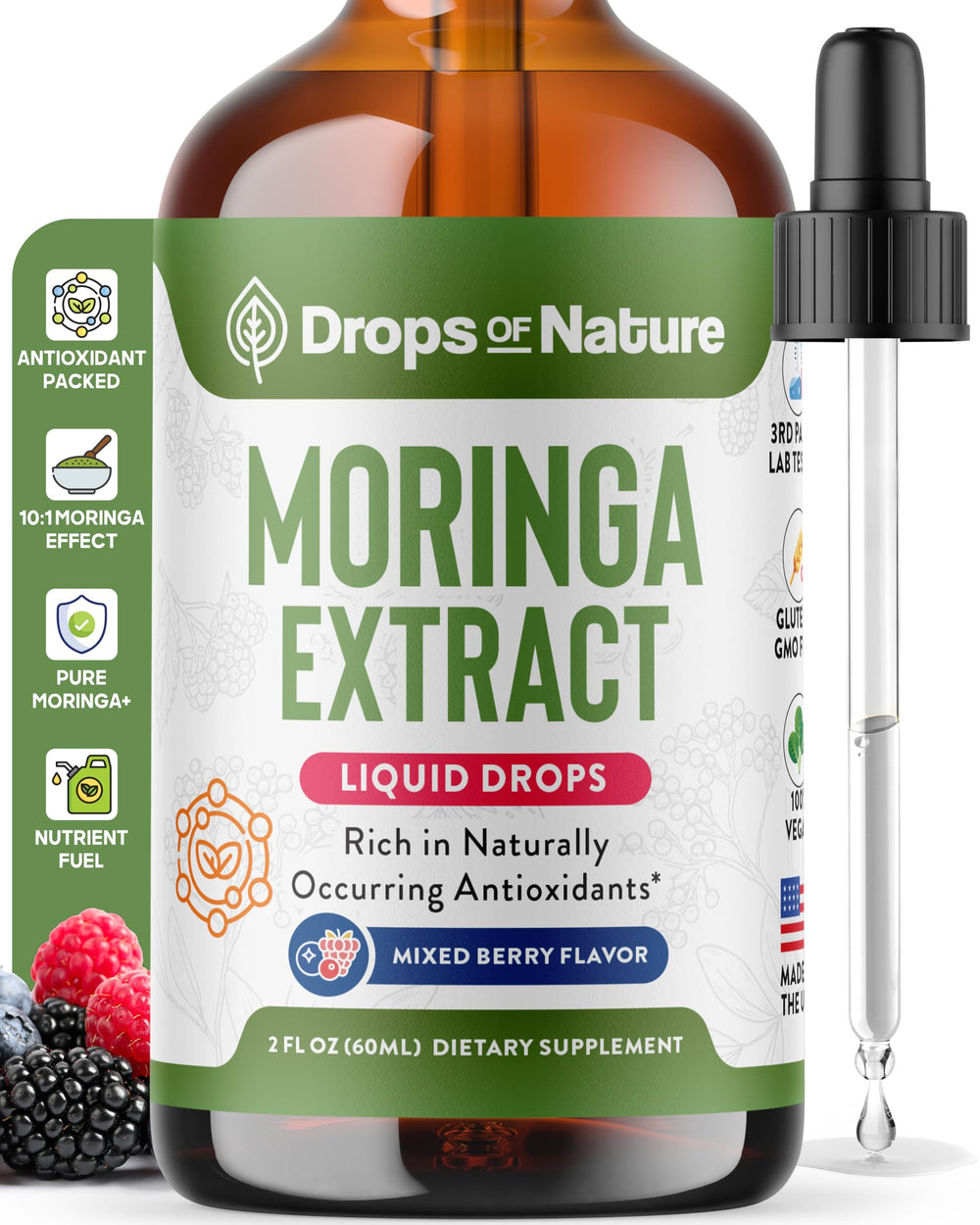 Moringa Liquid Drops 60 mL bottle with mixed berry label