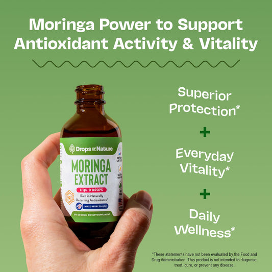Front view of Moringa Liquid Drops bottle showing mixed berry flavor