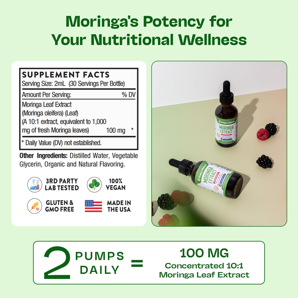 Moringa Liquid Drops bottle with packaging and label