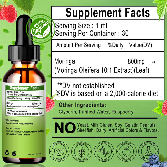 Close-up of Moringa Liquid Drops bottle with dropper