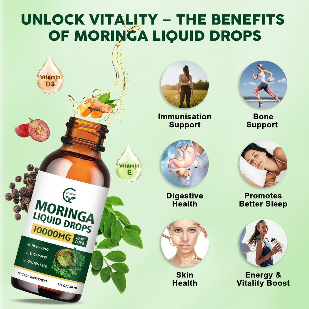 Moringa liquid drops showing immunity, skin and digestion support