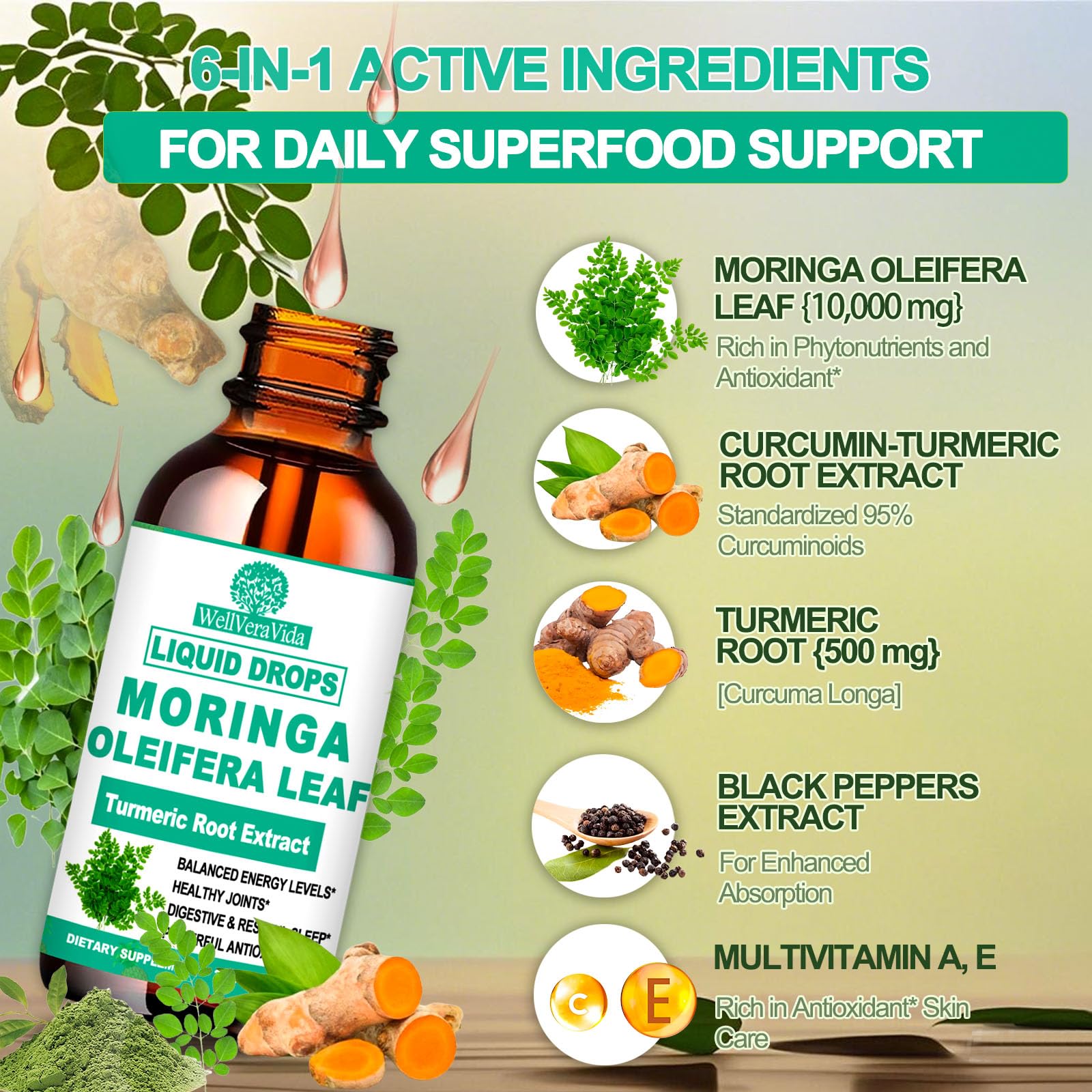Moringa liquid drops with Vitamin C and Vitamin E for absorption