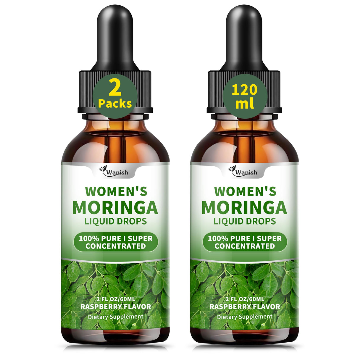Front view of the 2-pack Moringa Liquid Drops bottle with label