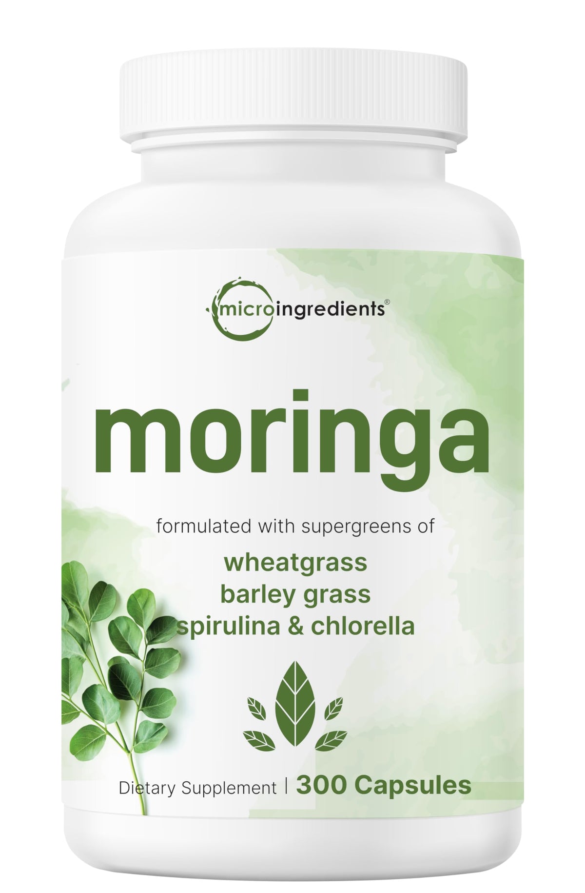 Front view of Micro Ingredients Moringa Oleifera bottle with 300 capsules