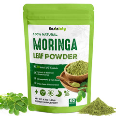 Moringa powder in a scoop with organic label