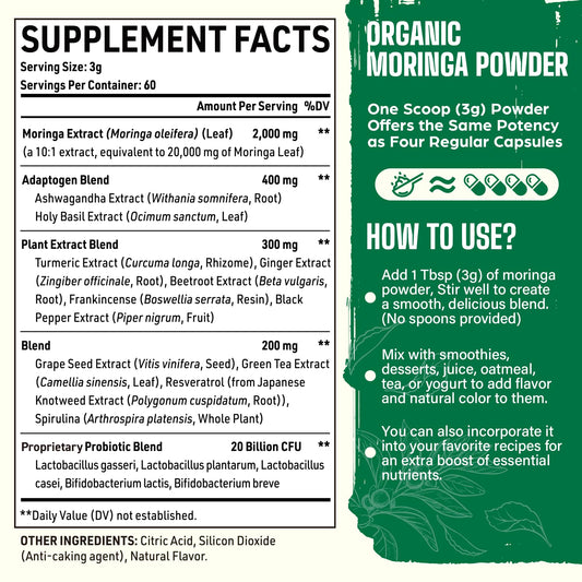 Jar of Moringa Powder Organic 2000MG with 60 servings