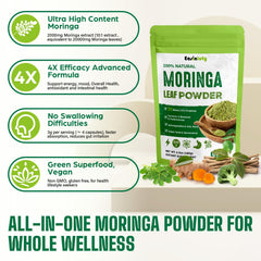 Serving scoop of moringa powder on wooden table