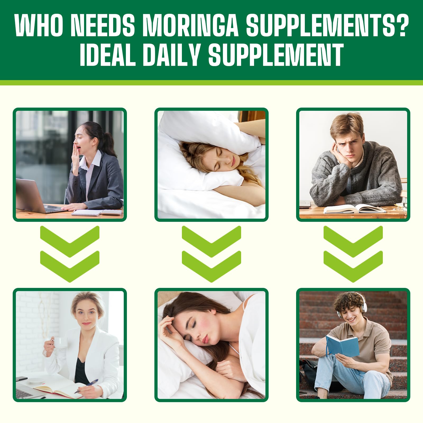 Moringa powder bottle with ashwagandha and probiotics icons