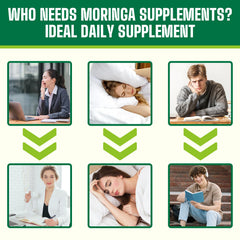 Moringa powder bottle with ashwagandha and probiotics icons