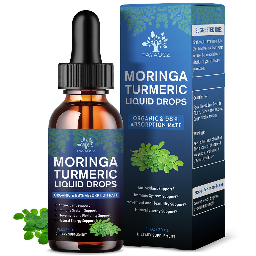 Two-pack front view of organic moringa leaf extract liquid drops bottle with turmeric and black pepper