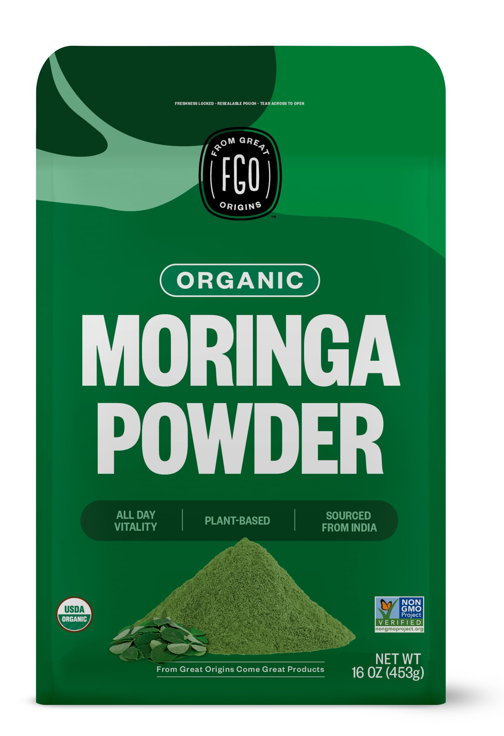 Front view of FGO Organic Moringa Leaf Powder 16oz in a resealable pouch
