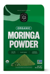 Front view of FGO Organic Moringa Leaf Powder 16oz in a resealable pouch