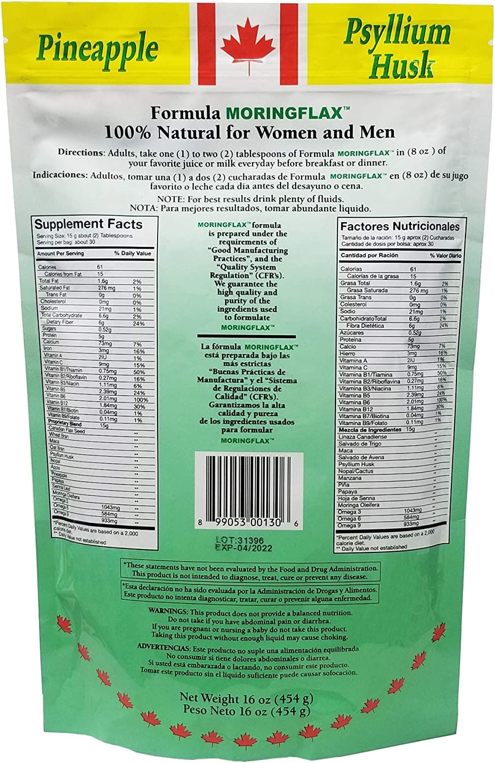 Ingredients listing for Moringflax Bag Formula: flax seed, Garcinia Cambogia, Moringa