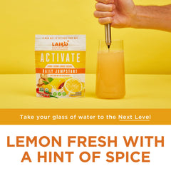 Glass of water with Morning Jumpstart lemon flavor