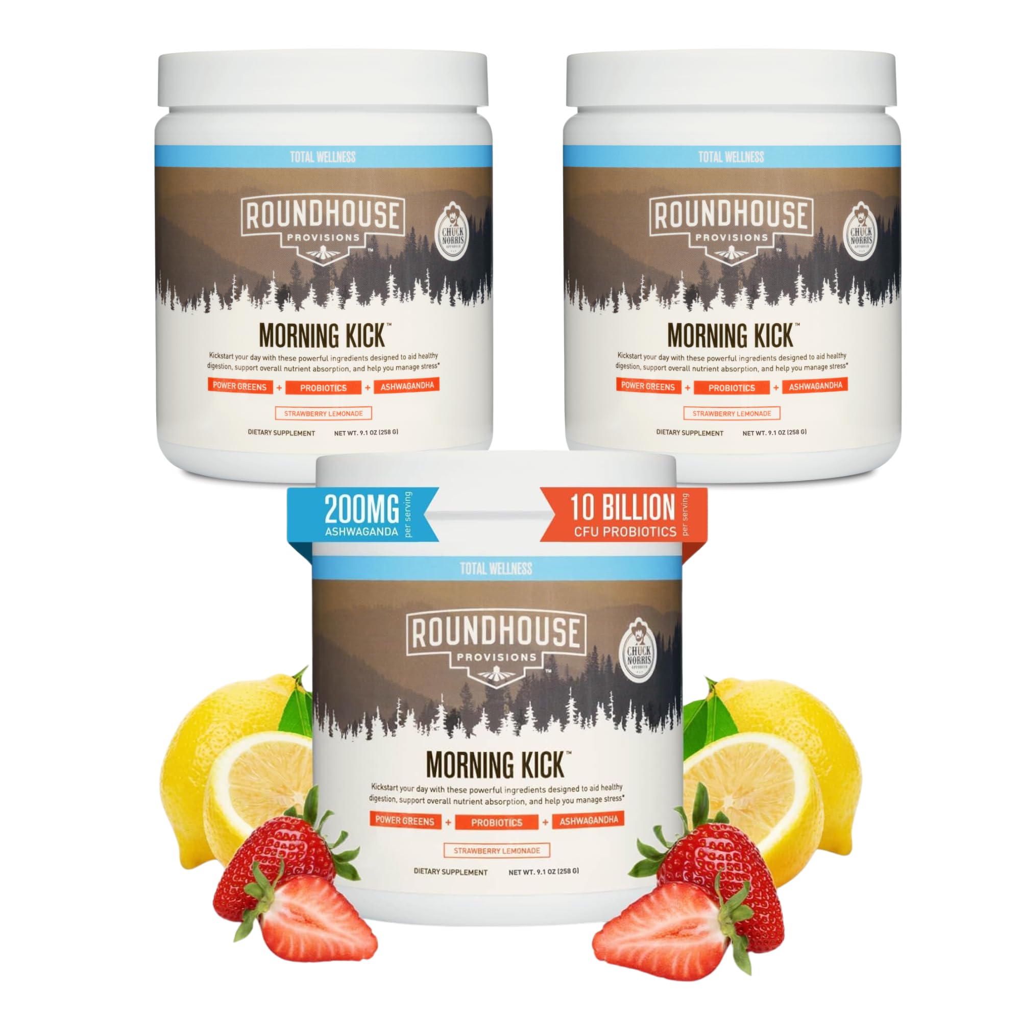 Three-pack Morning Kick greens powder front view
