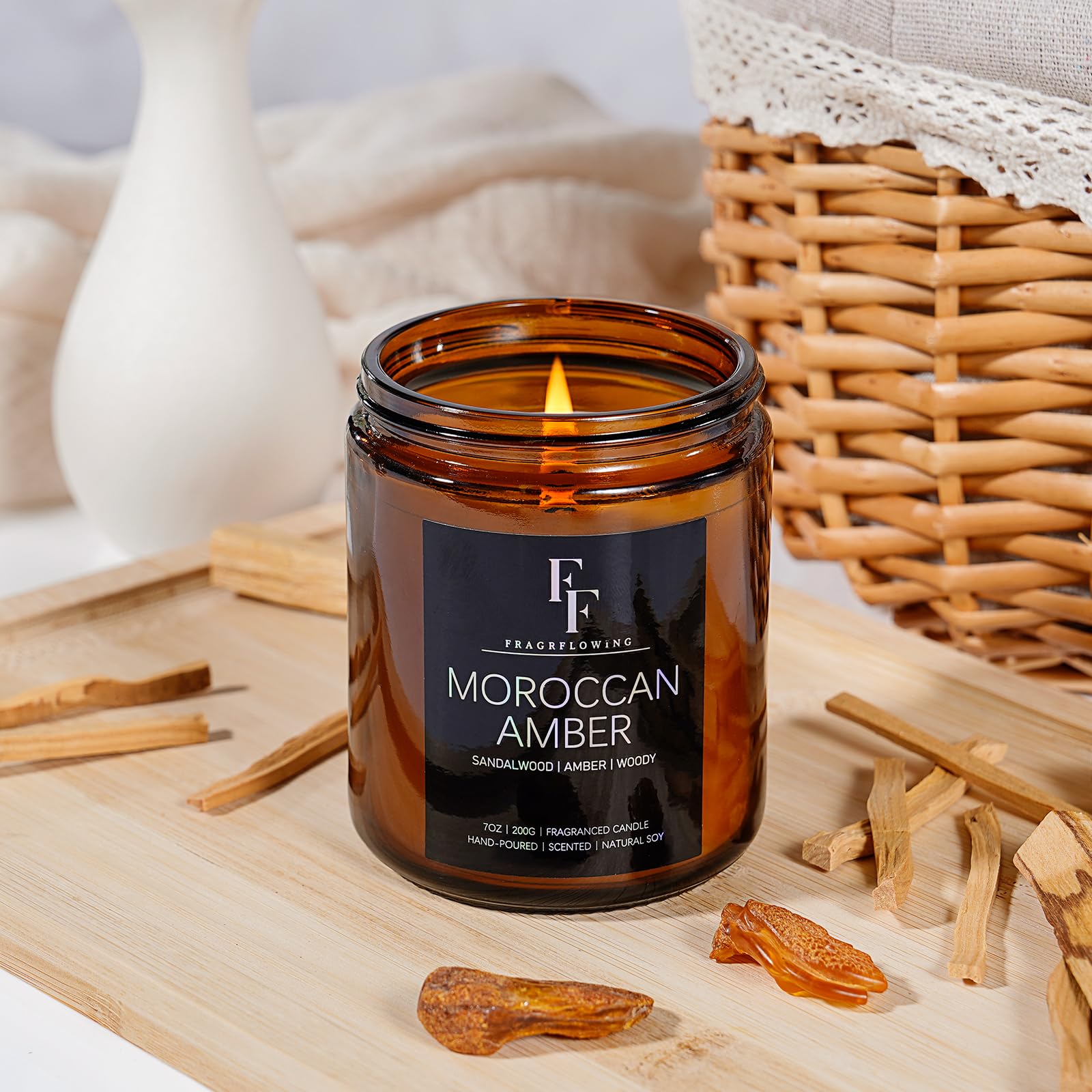 Aromas rising from Moroccan Amber candle in a cozy setting