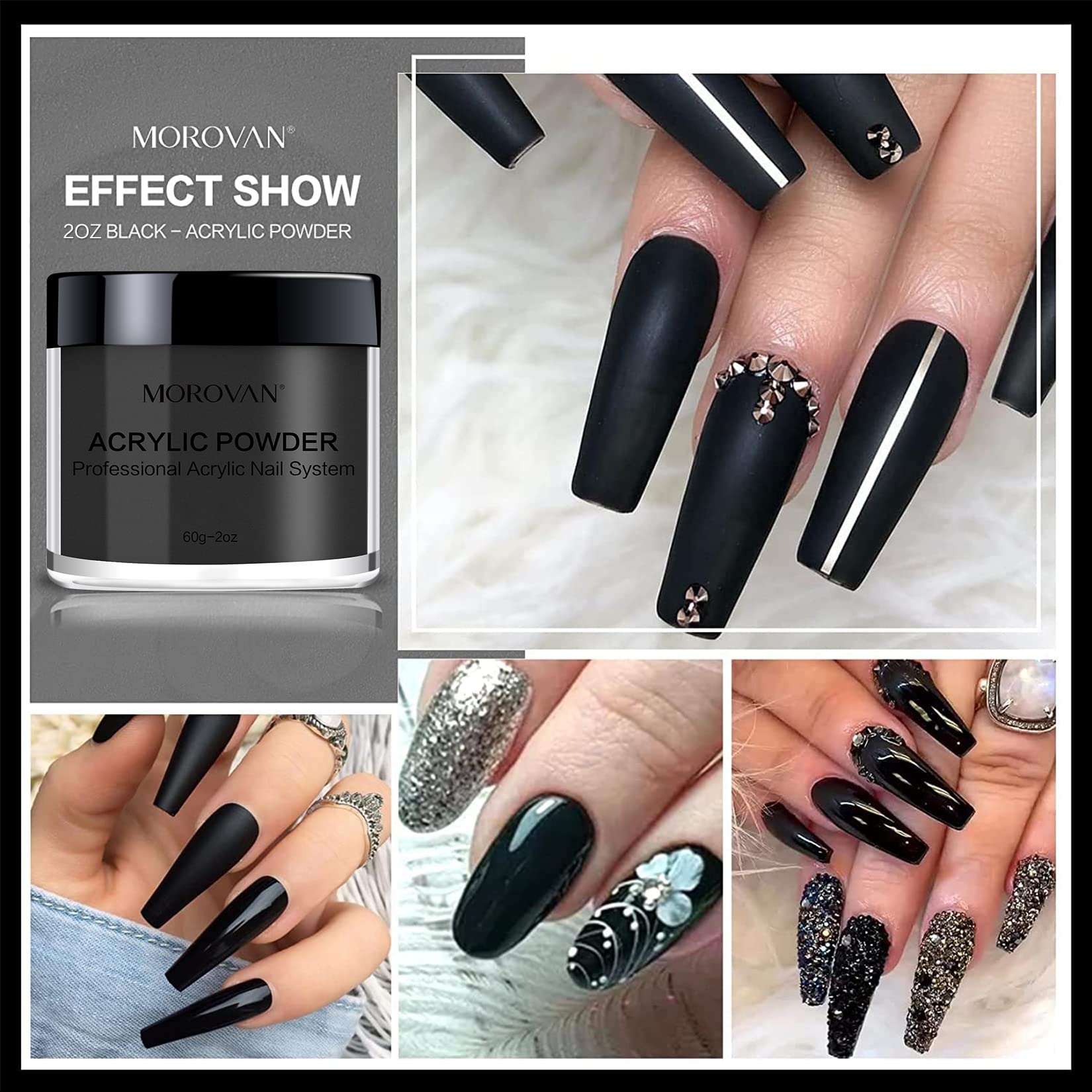 Swatch of Morovan black acrylic powder showing color clarity