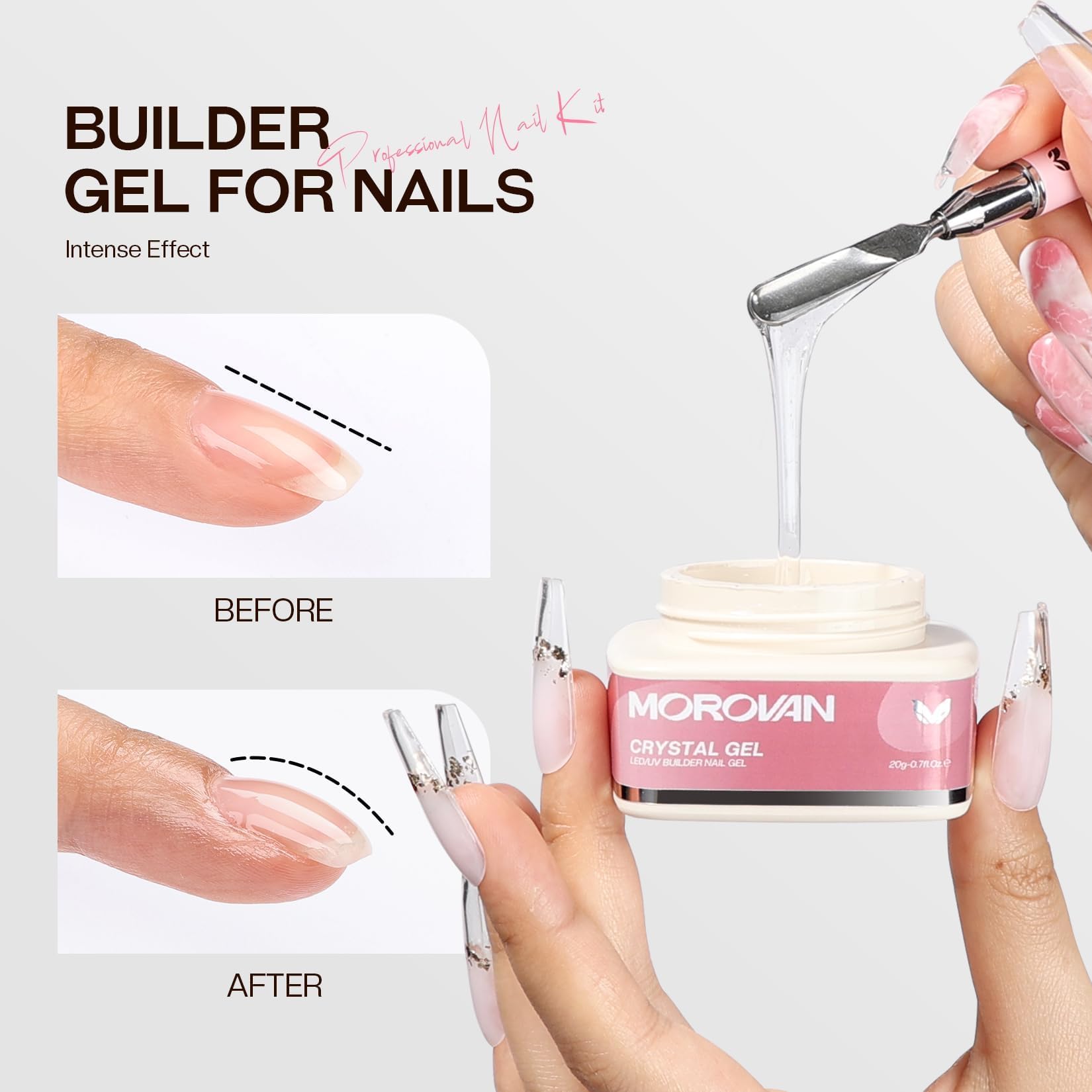 Morovan Builder Gel nail art with rhinestones for customizable styles.