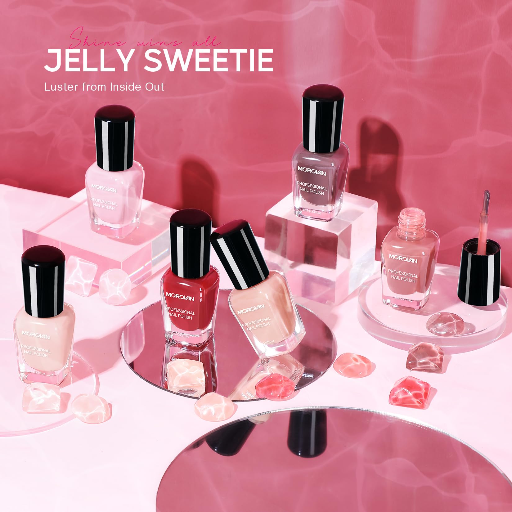 Morovan Jelly Nail Polish Set color swatches in pink nude for everyday wear.