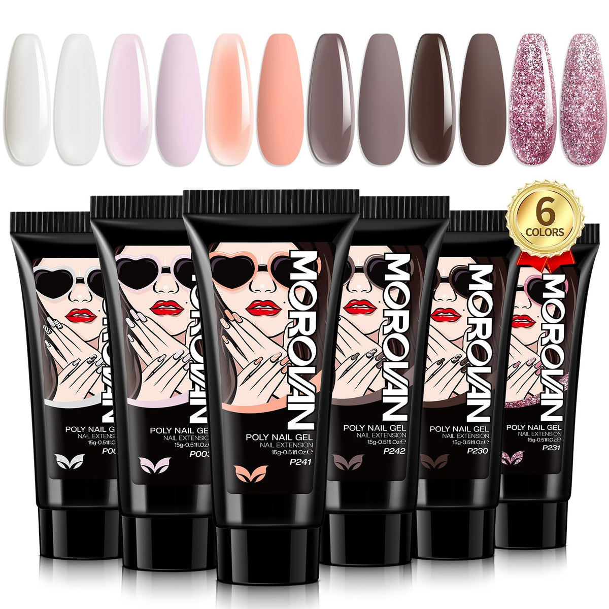Morovan Poly Gel Nail Colors 6-pack swatches for at-home manicure ideas.