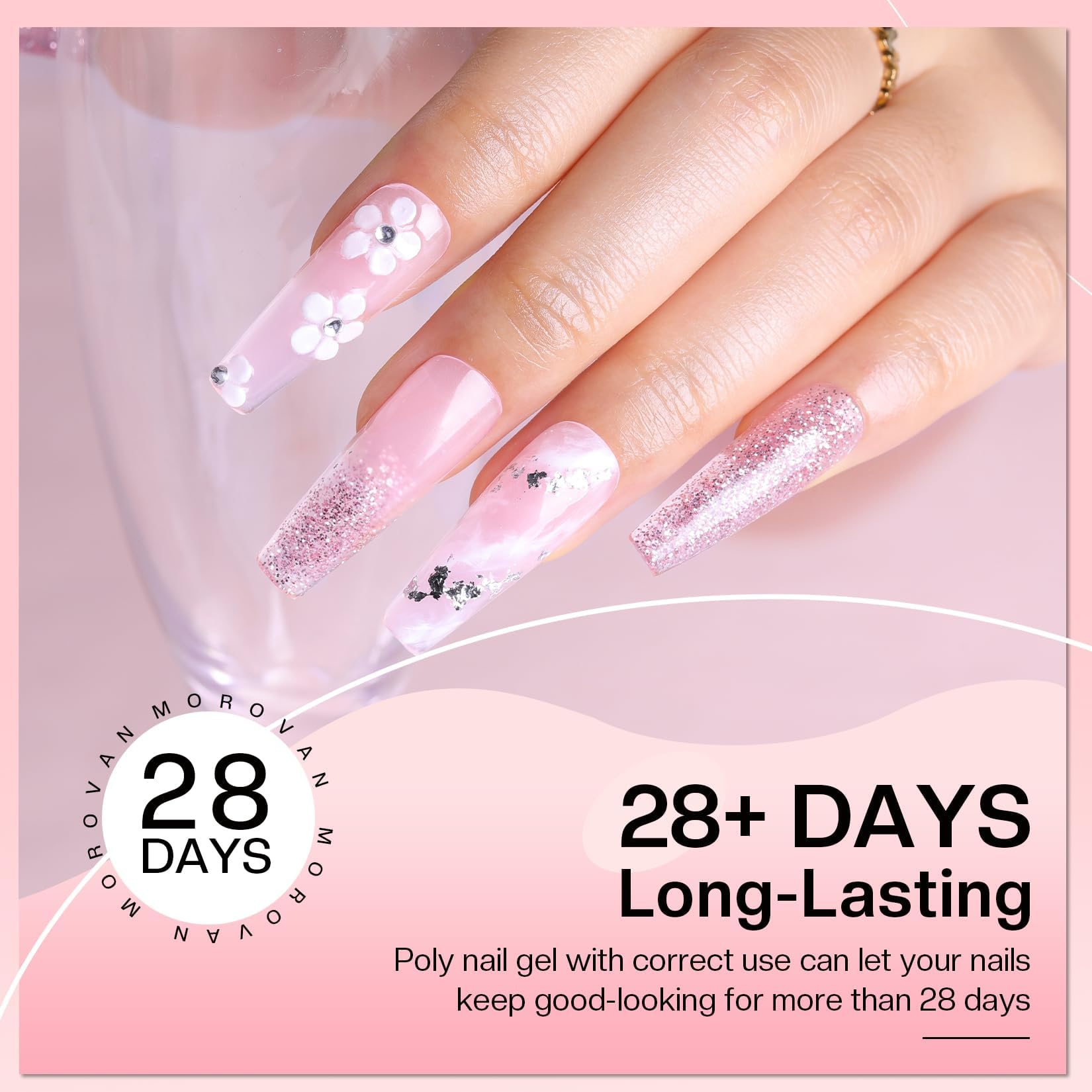 Morovan Poly Gel Nail Colors lamp curing in 90-120 seconds.