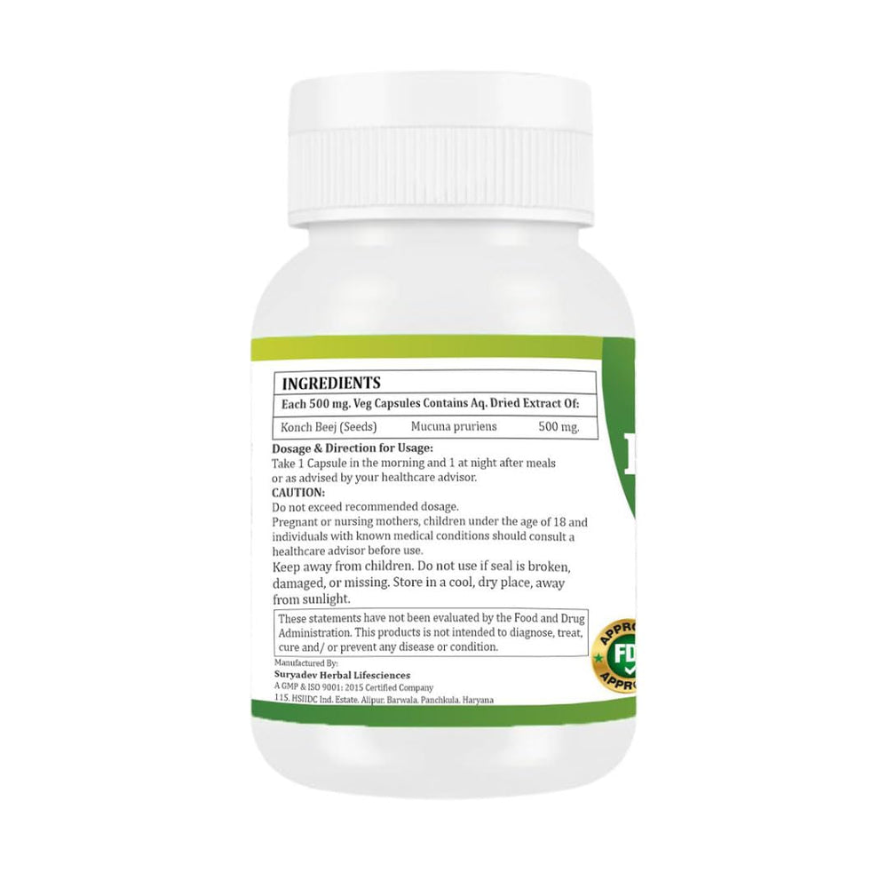 Back label detailing ingredients on Kaunch Beej Capsules