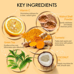 MOSRROU turmeric powder closeup visible in scrub for even tone and cleansing pores.