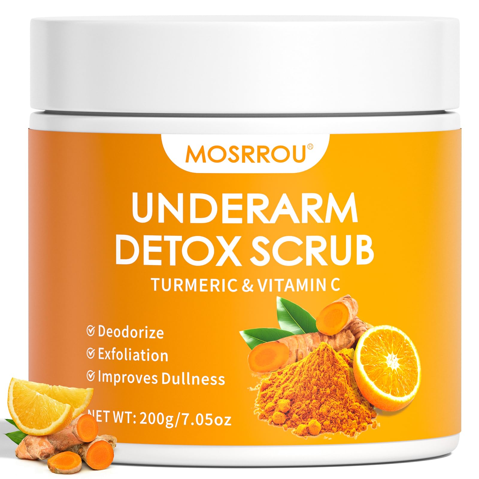 MOSRROU Underarm Detox Scrub bottle shows deep cleansing for refreshed underarms.