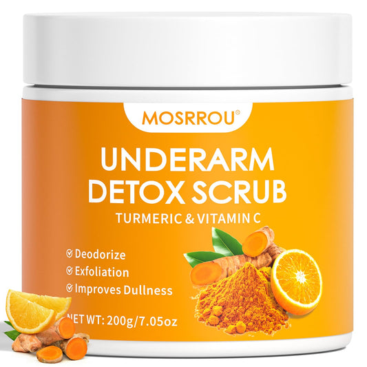 MOSRROU Underarm Detox Scrub bottle shows deep cleansing for refreshed underarms.