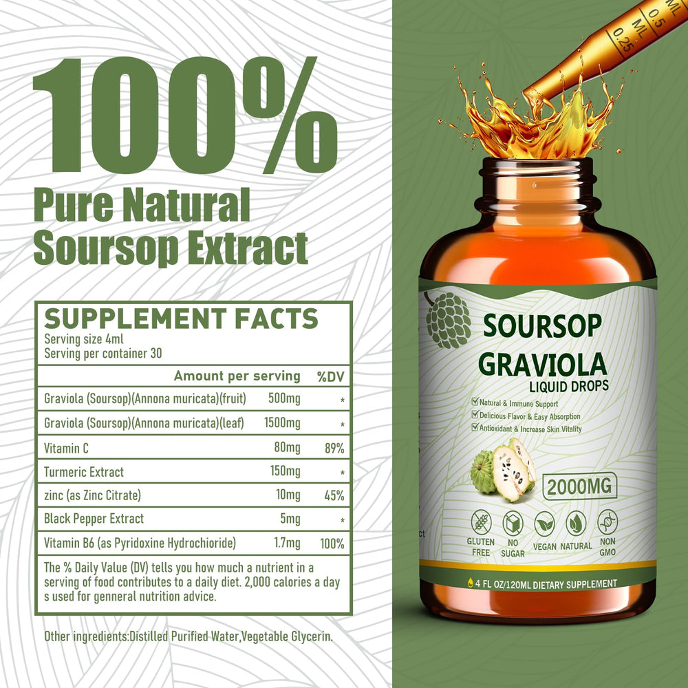 Close-up of soursop graviola leaves and liquid extract