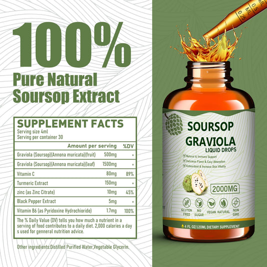 Close-up of soursop graviola leaves and liquid extract