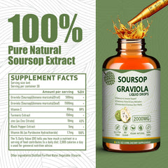 Close-up of soursop graviola leaves and liquid extract