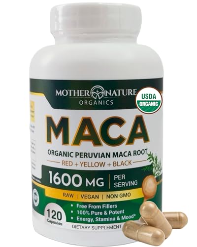 Mother Nature Maca Root 1600 mg – tri-color blend (yellow, red, black) per serving.