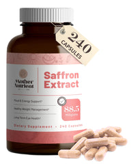 Mother Nutrient saffron extract supplement bottle showing 240 veggie capsules and 88.5 mg per serving