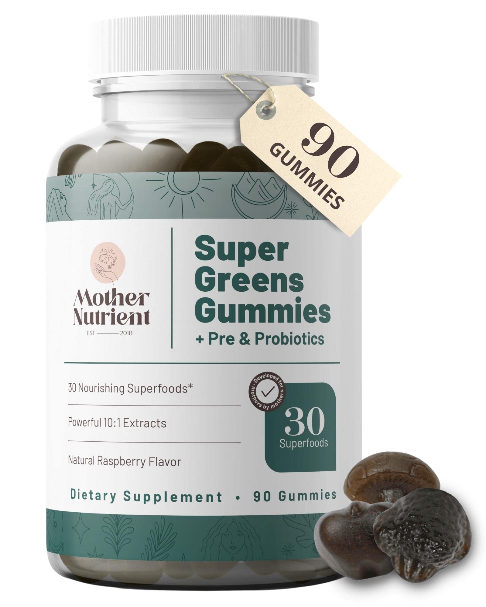 Mother Nutrient Super Greens Gummies bottle with 90 gummies