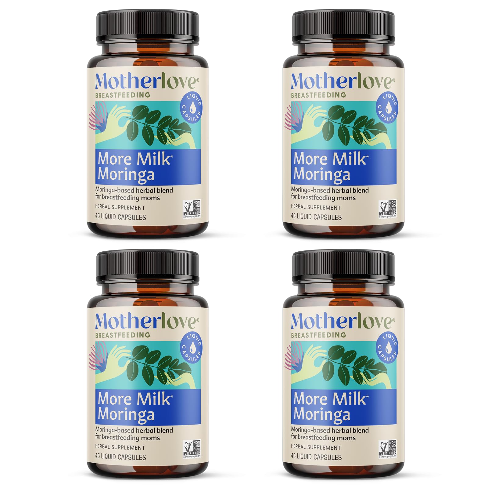 Motherlove More Milk Moringa bottle on shelf highlighting organic ingredients for lactation support