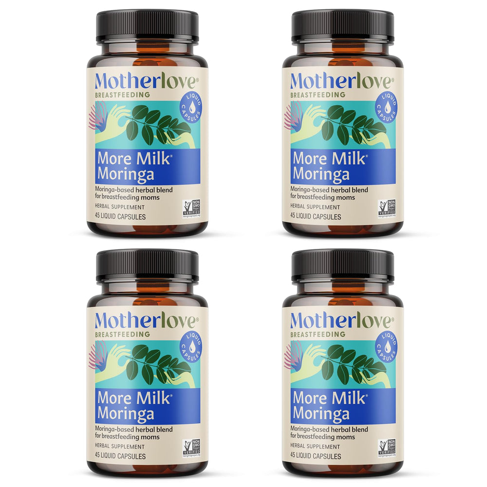 Motherlove More Milk Moringa bottle on shelf highlighting organic ingredients for lactation support