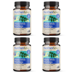 Motherlove More Milk Moringa bottle on shelf highlighting organic ingredients for lactation support