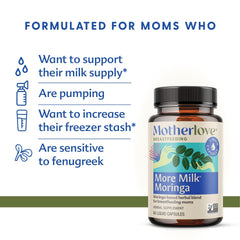 Motherlove More Milk Moringa capsules close-up fenugreek-free option for nursing