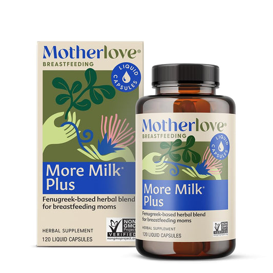 Front view of Motherlove More Milk Plus bottle with 120 capsules
