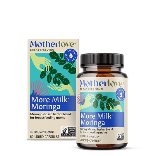 Bottle of Motherlove More Milk Moringa lactation supplement