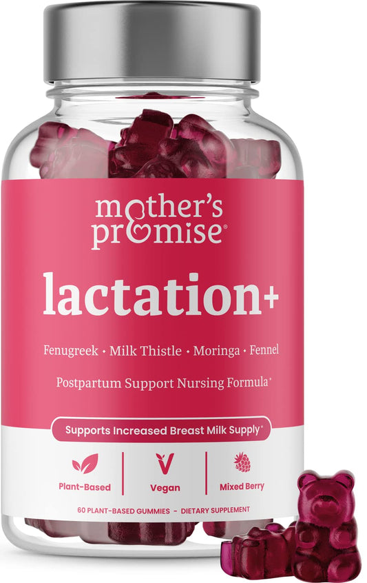 Bottle of Mother's Promise Lactation Gummies with a white label