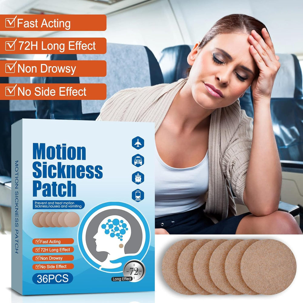 Motion Sickness Patches apply on navel—alternative placement for longer trips.